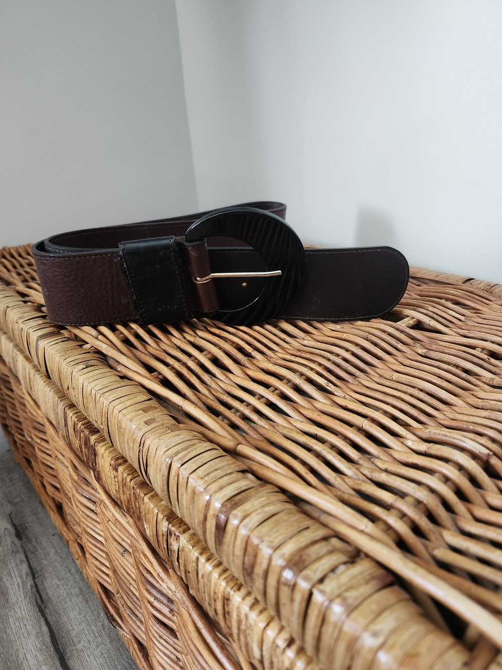 French Connection Dark Brown Leather Belt with Black Circular Buckle